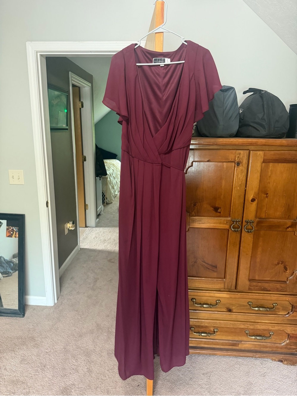 V-Neck Burgundy Maxi Dress with Flutter Sleeves